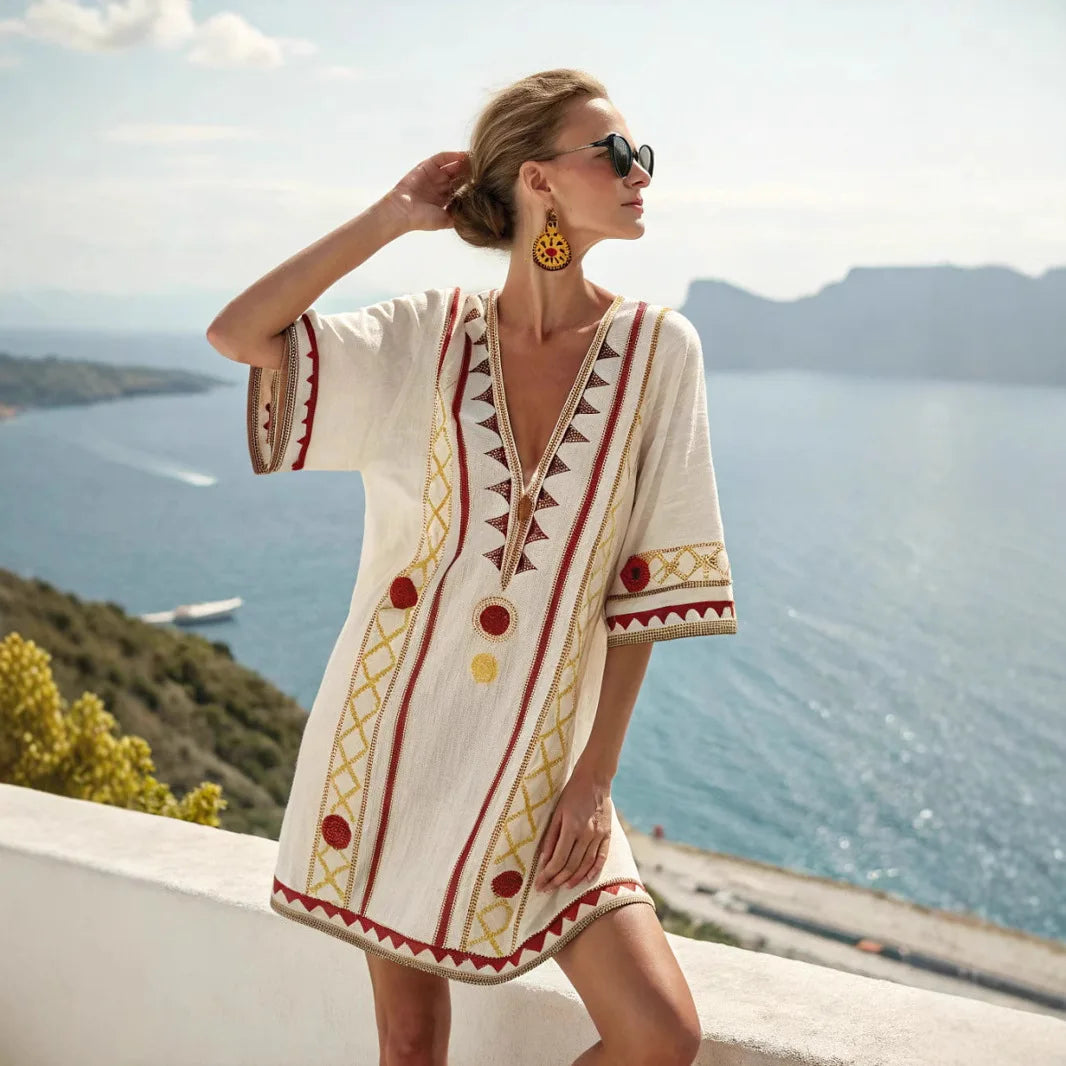 Elegant Fashion V-neck Vintage Casual loose Beach Dresses 2025 Elbow Sleeve Basic Bohemian Dress Vacation Women's Streetwear