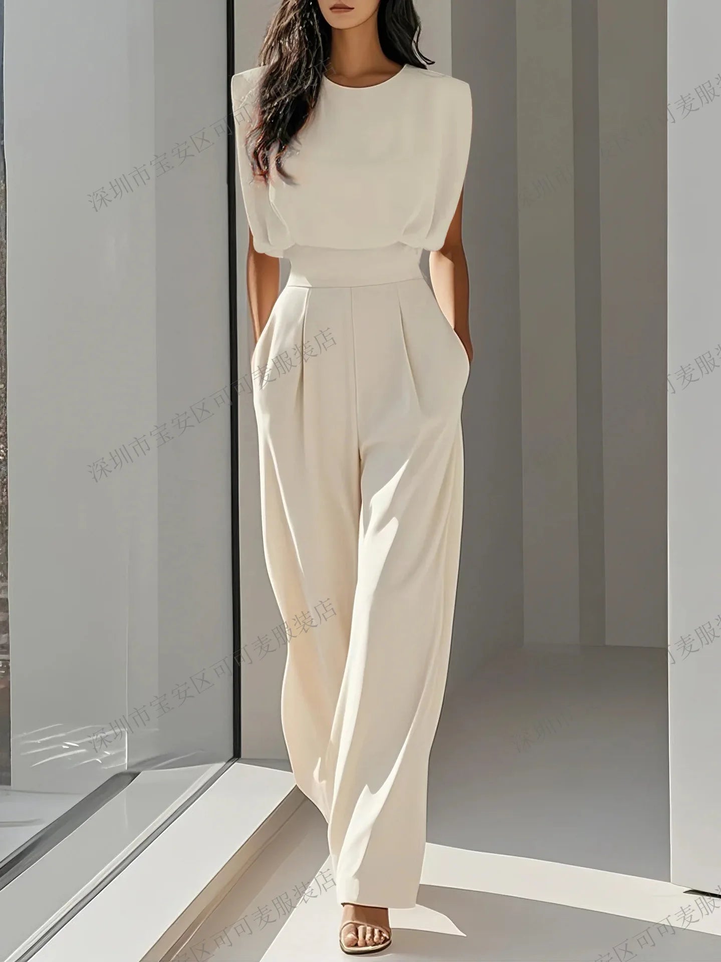 Elegant High Waisted Jumpsuit New Women's Fashion Queen Style Summer Solid Color Waistband Pocket Office Capable Jumpsuit