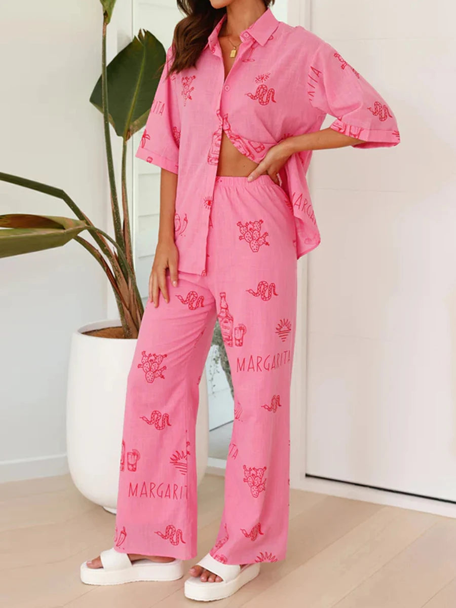 Conjunto Feminino 2 Peças Estampas Digitais Blusa Manga Curta Calças Largas - Penélope Cruz