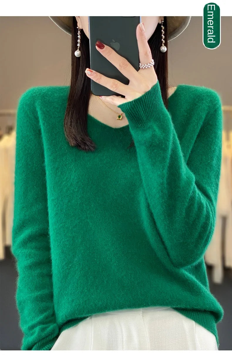 100% Merino puro lã V-neck outono e inverno pulôver, moda coreana nova camisola de caxemira macia, top quente de malha casual feminino