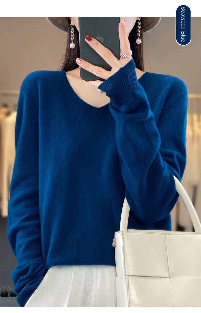 100% Merino puro lã V-neck outono e inverno pulôver, moda coreana nova camisola de caxemira macia, top quente de malha casual feminino