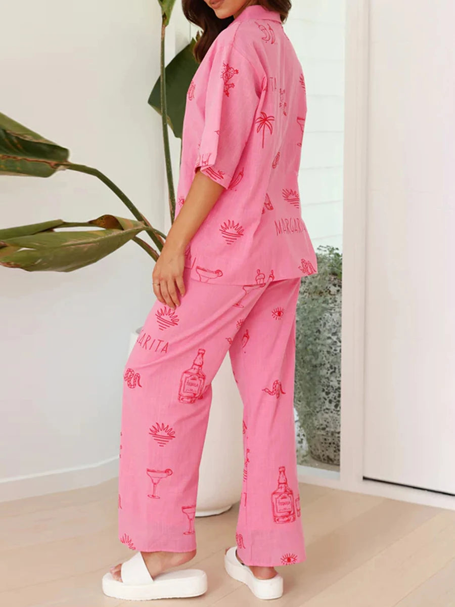 Conjunto Feminino 2 Peças Estampas Digitais Blusa Manga Curta Calças Largas - Penélope Cruz