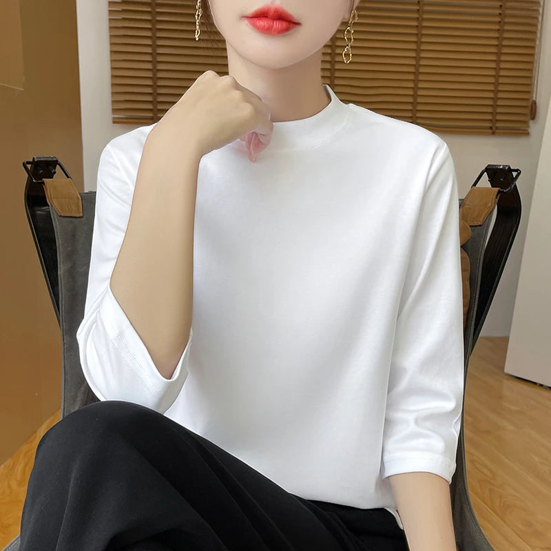 Summer And Autumn New 100% Cotton T-shirt Women's Semi-High-Necked Cropped Sleeves Loose Solid Color Bottoming Top