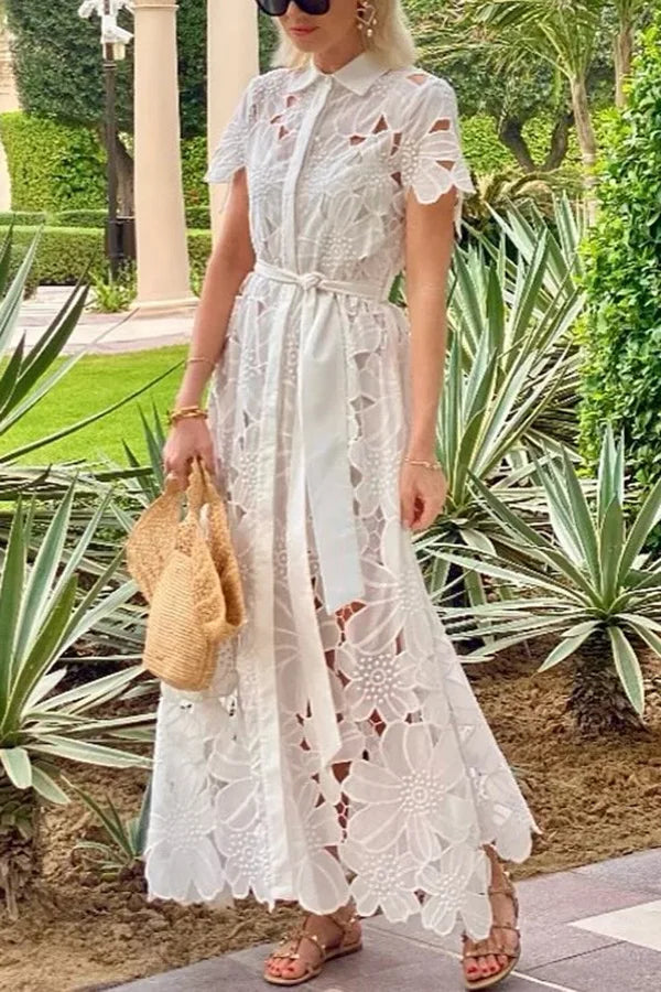 Summer Casual Solid Color Holiday Dresses Summer Women's Tie Up Lace Dress Sexy Hollow Short Sleeved Single Breasted Long Dress