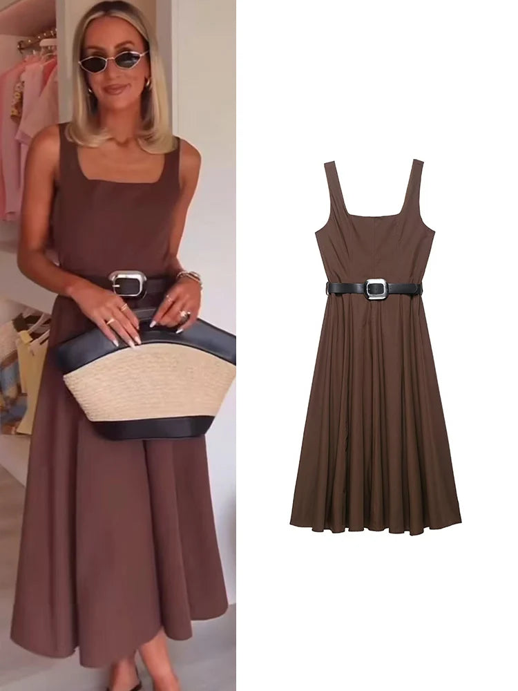 Tfmln feminino pescoço quadrado sólido com cinto a linha vestido verão novo sem mangas casual sem costas zíper vestido longo simples commuter
