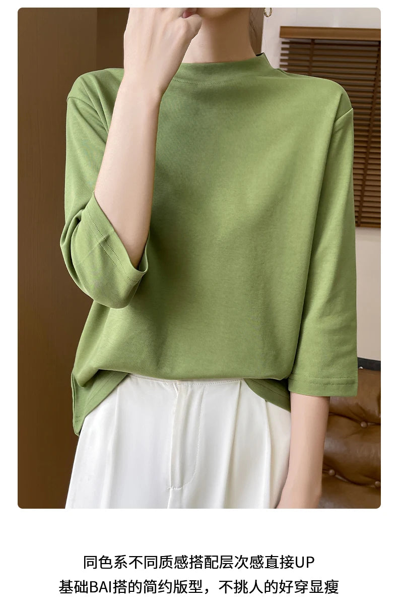 Summer And Autumn New 100% Cotton T-shirt Women's Semi-High-Necked Cropped Sleeves Loose Solid Color Bottoming Top