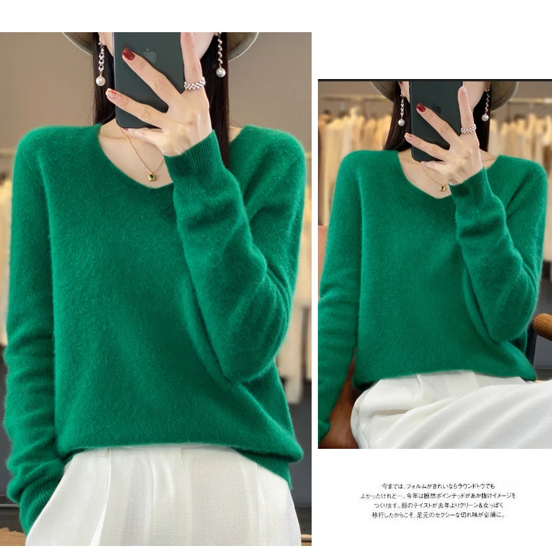 100% Merino puro lã V-neck outono e inverno pulôver, moda coreana nova camisola de caxemira macia, top quente de malha casual feminino