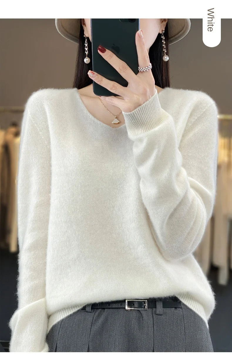 100% Merino puro lã V-neck outono e inverno pulôver, moda coreana nova camisola de caxemira macia, top quente de malha casual feminino