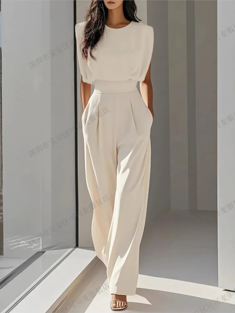 Elegant High Waisted Jumpsuit New Women's Fashion Queen Style Summer Solid Color Waistband Pocket Office Capable Jumpsuit