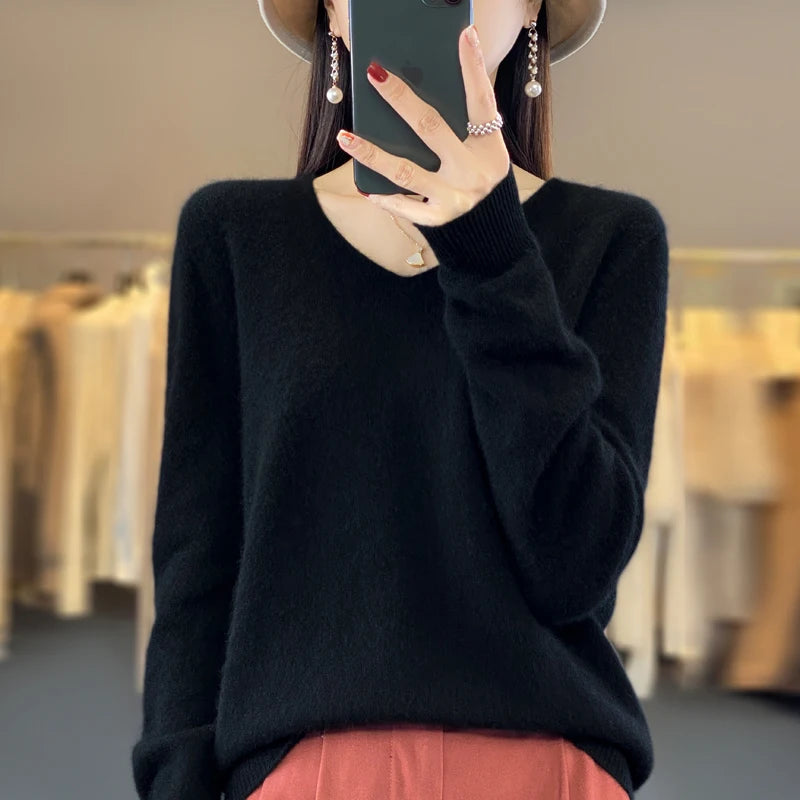 100% Merino puro lã V-neck outono e inverno pulôver, moda coreana nova camisola de caxemira macia, top quente de malha casual feminino