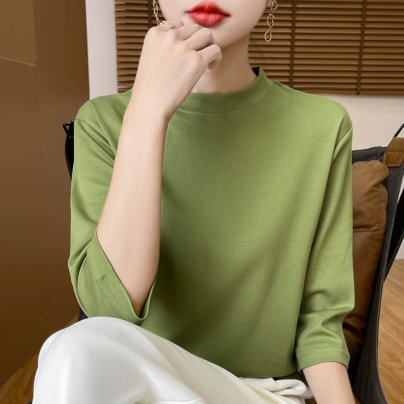 Summer And Autumn New 100% Cotton T-shirt Women's Semi-High-Necked Cropped Sleeves Loose Solid Color Bottoming Top