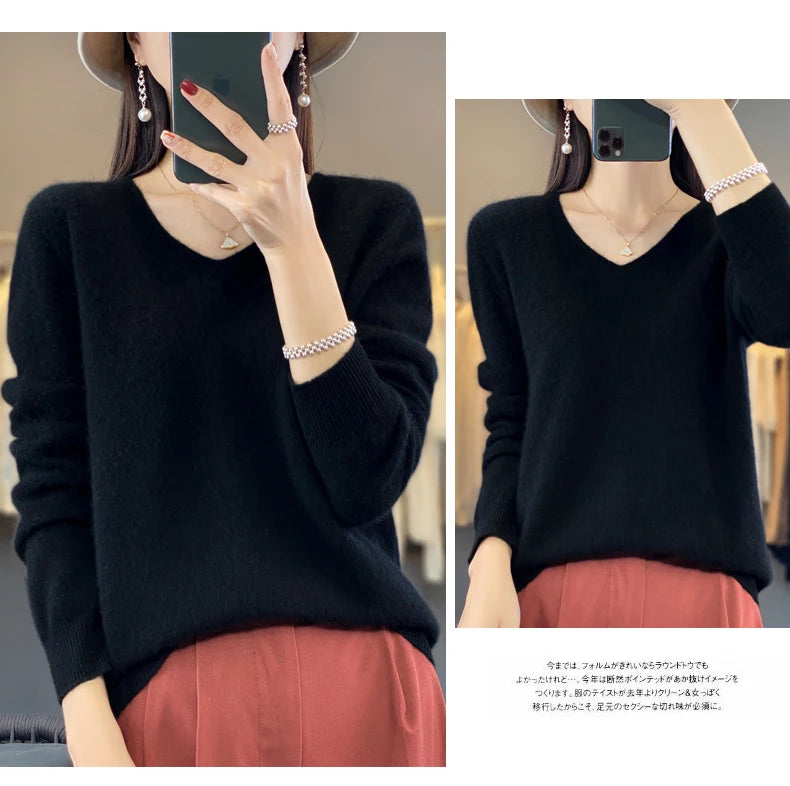 100% Merino puro lã V-neck outono e inverno pulôver, moda coreana nova camisola de caxemira macia, top quente de malha casual feminino