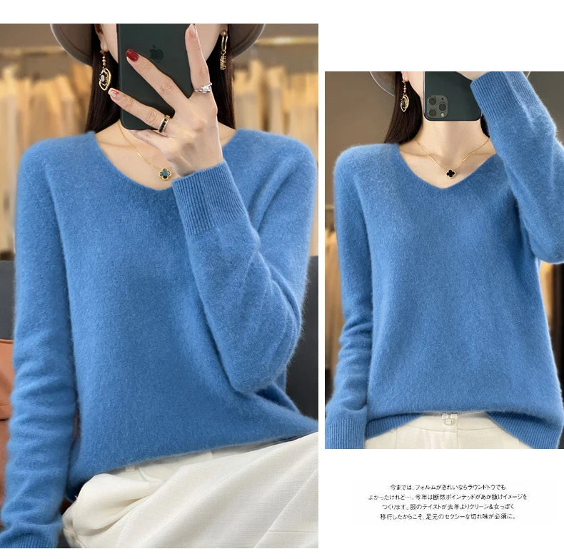 100% Merino puro lã V-neck outono e inverno pulôver, moda coreana nova camisola de caxemira macia, top quente de malha casual feminino