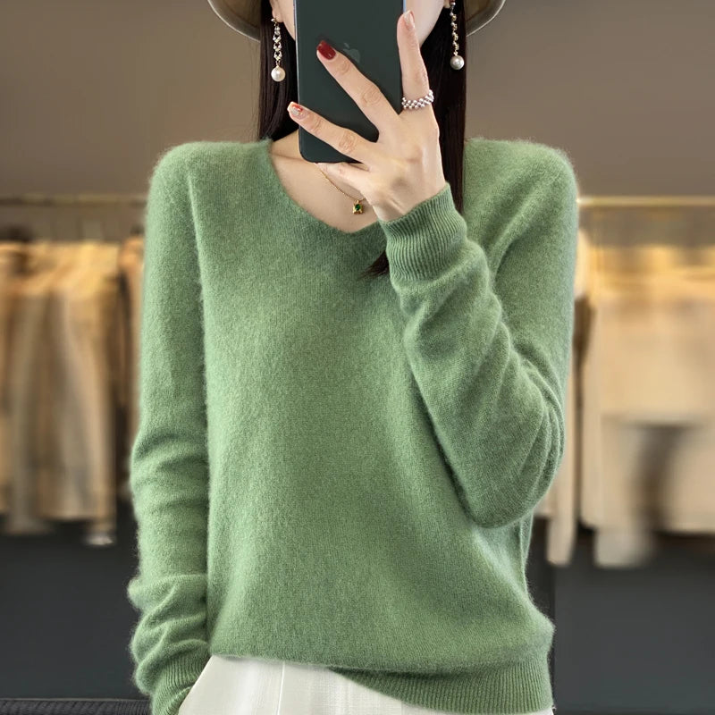 100% Merino puro lã V-neck outono e inverno pulôver, moda coreana nova camisola de caxemira macia, top quente de malha casual feminino