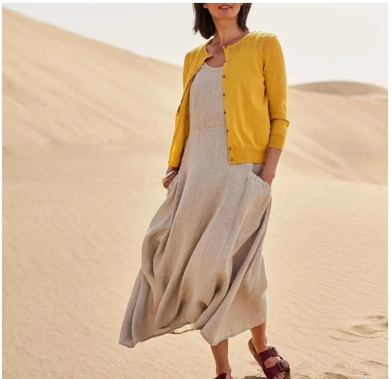 Cotton Linen Sleeveless Dress for Women Summer Pullover Skirt Vestidos Fashion Female Clothing Short Sleeved Loose Long Dressess