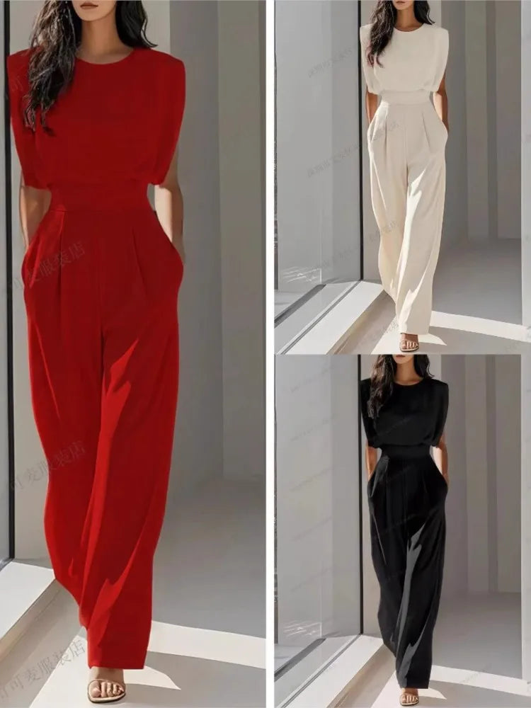 Elegant High Waisted Jumpsuit New Women's Fashion Queen Style Summer Solid Color Waistband Pocket Office Capable Jumpsuit