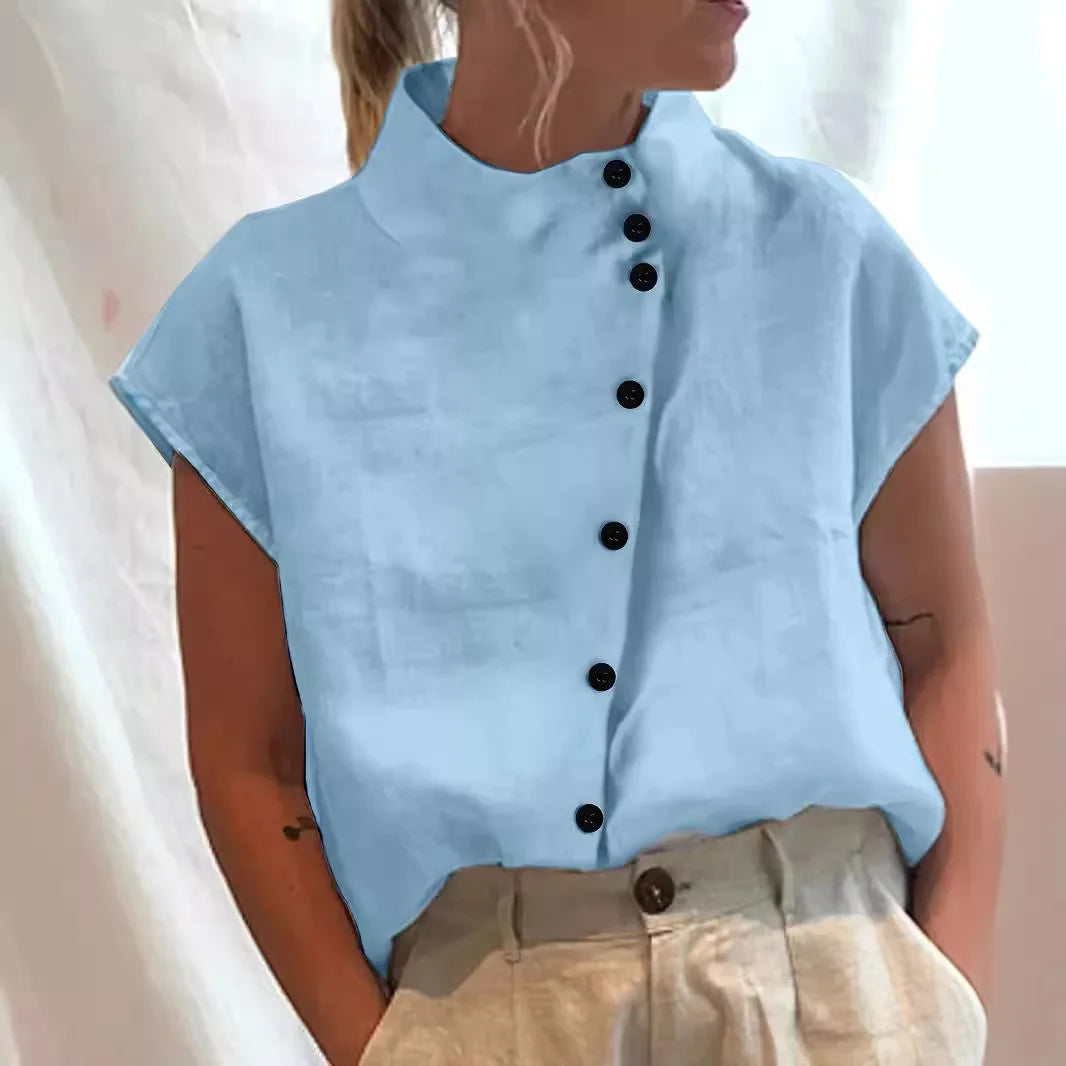 Summer Cotton Short Sleeve Blouse Women 2025 Fashion Button Stand Collar Loose Shirts And Blouses Tops Casual