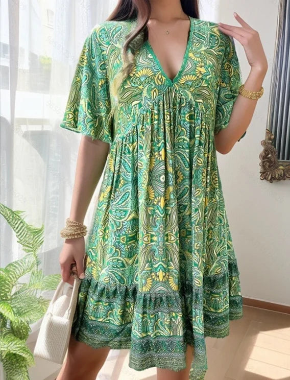Fashion Floral Print Dress Summer Women Casual Short Sleeve V-neck A-line Loose Beach Party Holiday Dresses Female Robe Femme