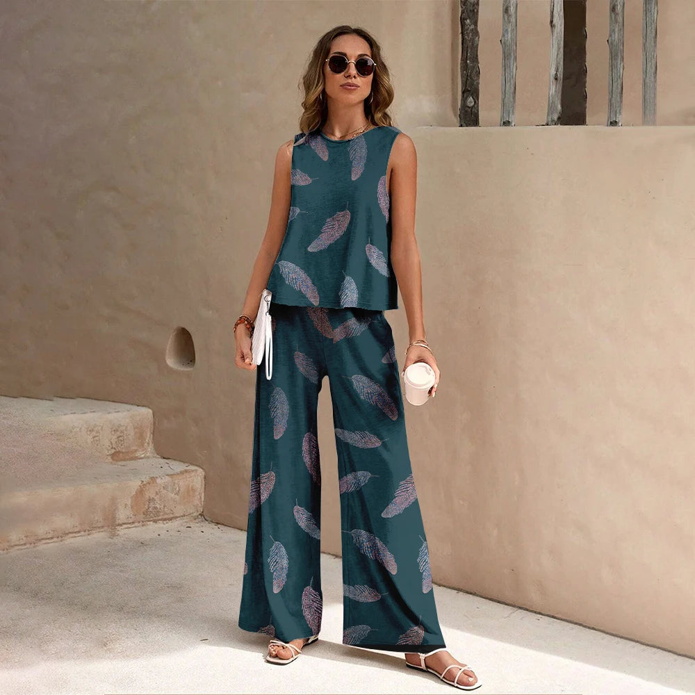 Camiseta sem mangas estampada floral feminina de verão, conjunto de calças compridas, final de semana de férias, roupas soltas de rua casuais de alta qualidade 2024