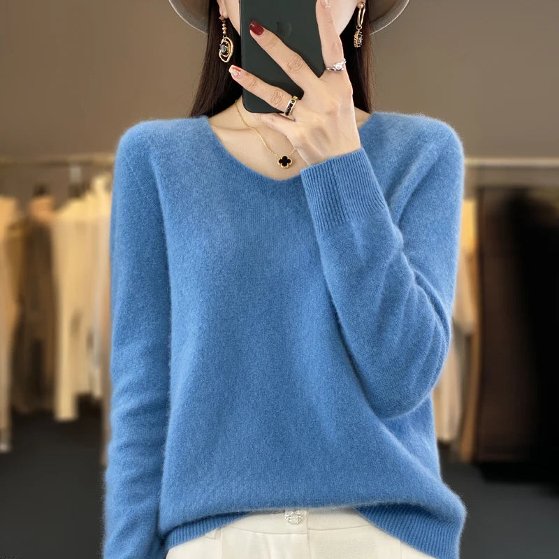 100% Merino puro lã V-neck outono e inverno pulôver, moda coreana nova camisola de caxemira macia, top quente de malha casual feminino