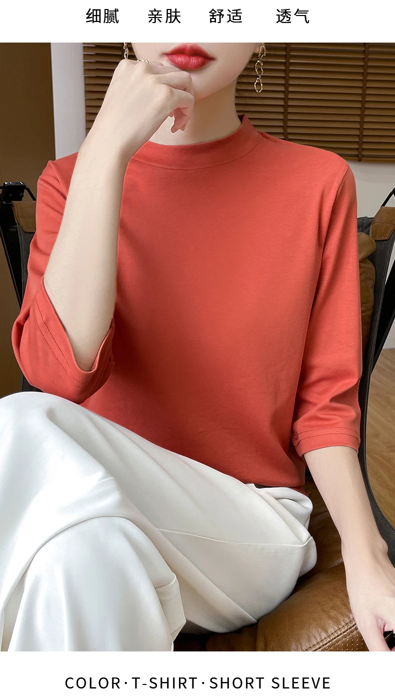 Summer And Autumn New 100% Cotton T-shirt Women's Semi-High-Necked Cropped Sleeves Loose Solid Color Bottoming Top