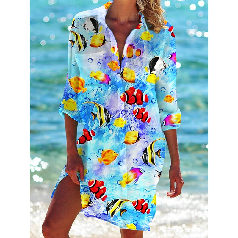 Starfish Conch Fish 3D Print Beach Blouses Women Long Sleeve Mid-length Shirts Buttons Blusas Pocket Tops Blouse Woman Clothing