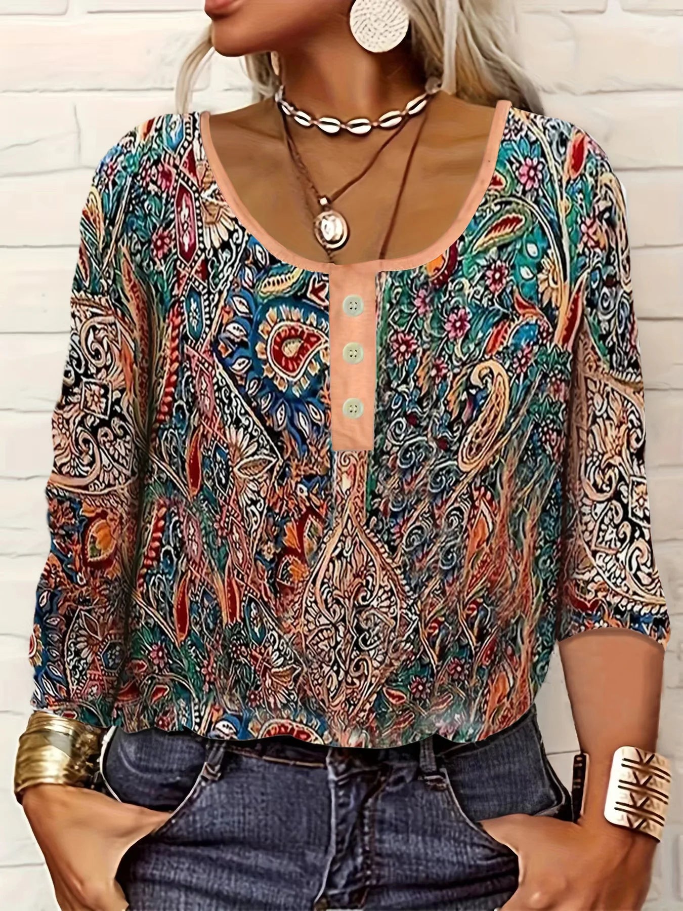 Autumn thin button ethnic print plus size women's long-sleeved T-shirt