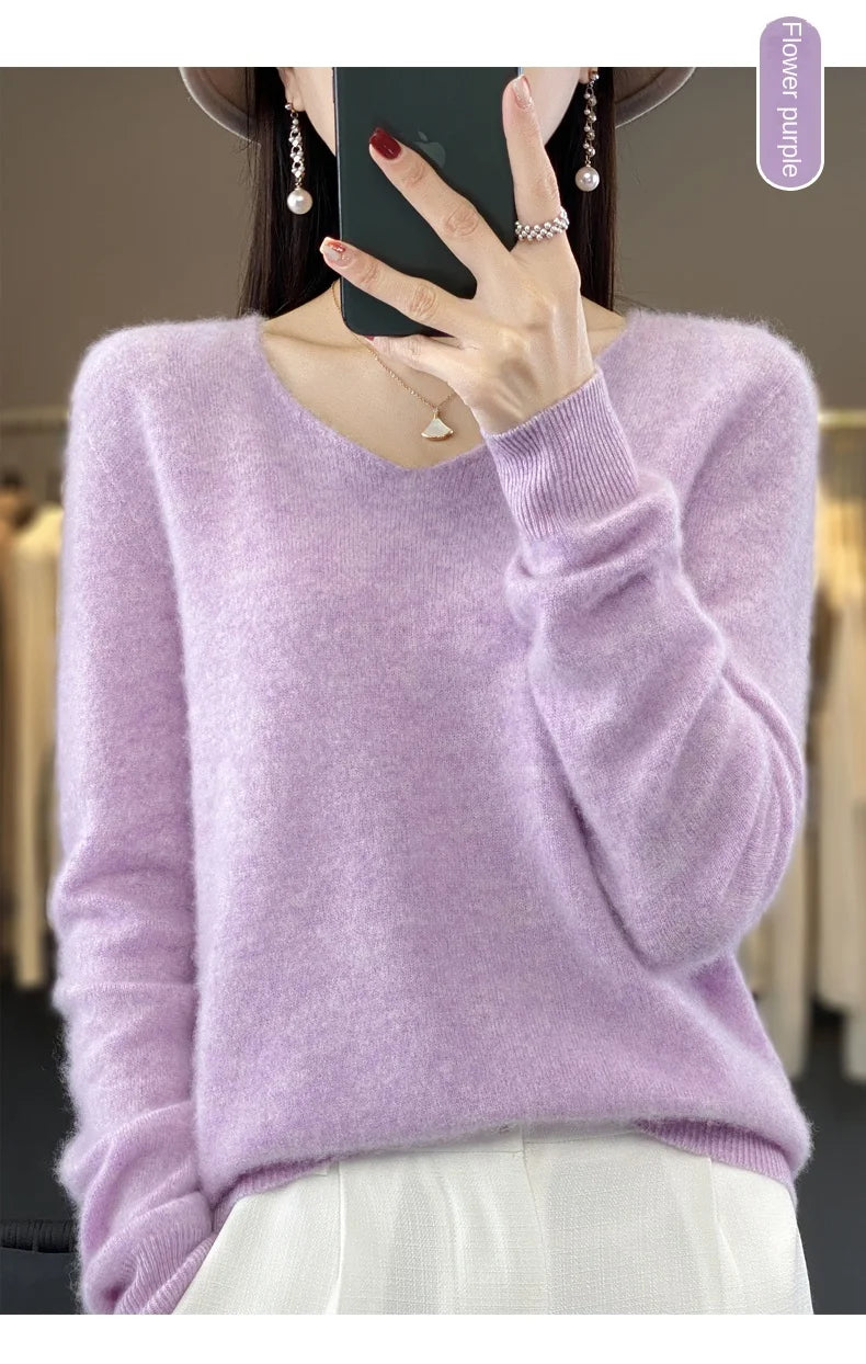 100% Merino puro lã V-neck outono e inverno pulôver, moda coreana nova camisola de caxemira macia, top quente de malha casual feminino