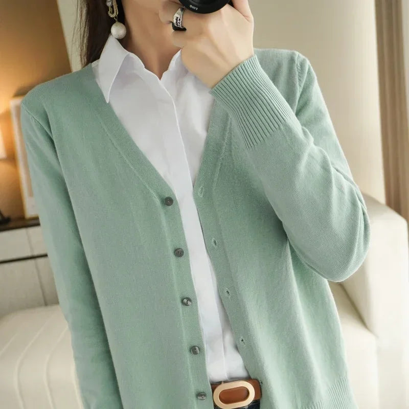 Cardigans femininos primavera outono com decote em v único breasted curto fino senhora malhas topos sólidos moda coreana suéteres