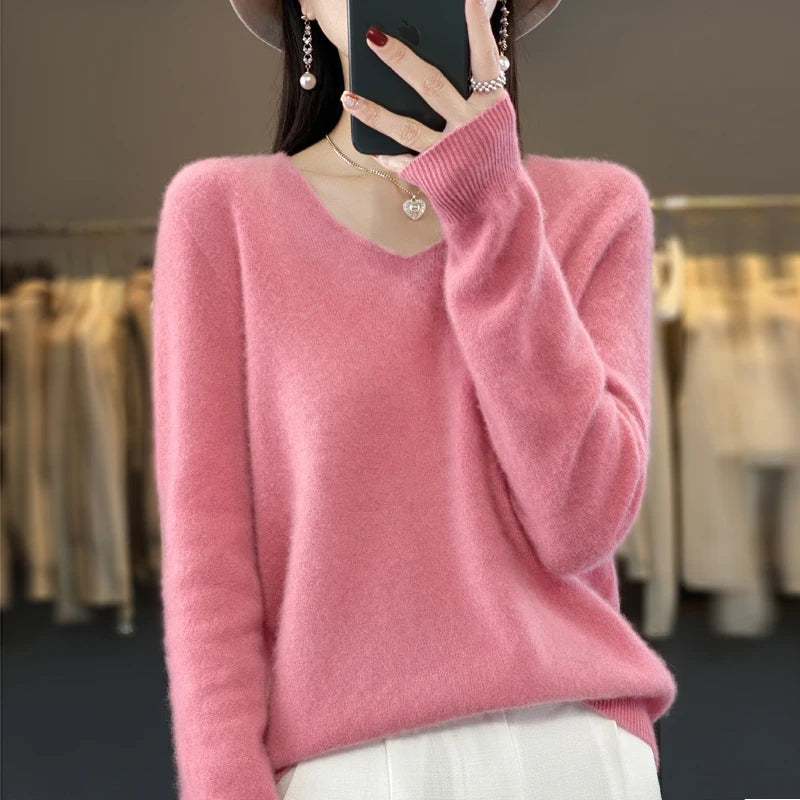 100% Merino puro lã V-neck outono e inverno pulôver, moda coreana nova camisola de caxemira macia, top quente de malha casual feminino