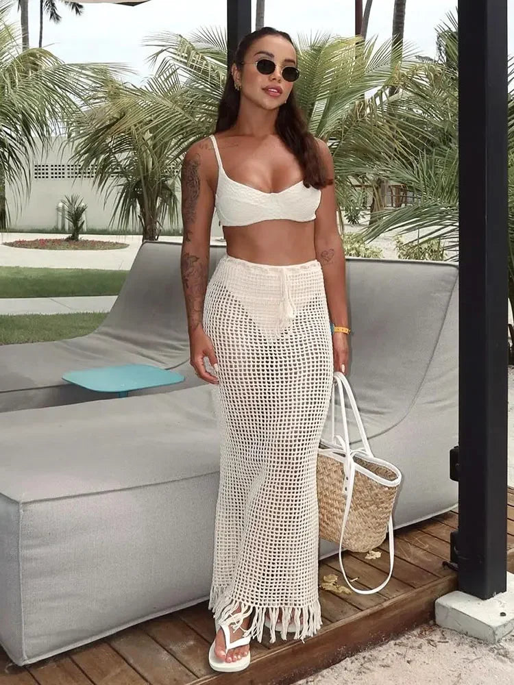 Sexy verão malha cortar praia meia saia feminina chique cordão franjas casual envoltório saias 2024 festa na piscina banho 