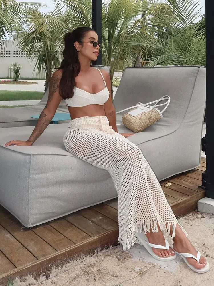 Sexy verão malha cortar praia meia saia feminina chique cordão franjas casual envoltório saias 2024 festa na piscina banho 