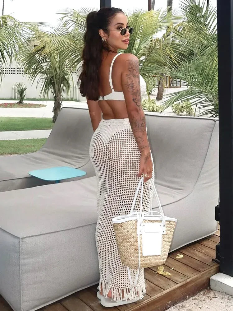 Sexy verão malha cortar praia meia saia feminina chique cordão franjas casual envoltório saias 2024 festa na piscina banho 