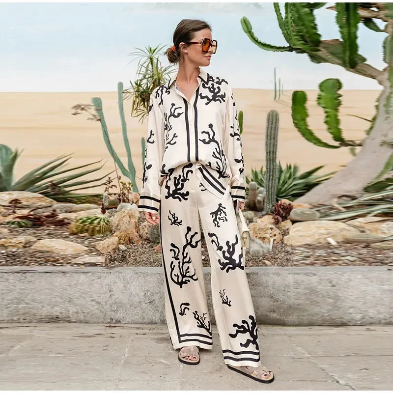 Blusa de manga comprida e calça de perna larga feminina, terno estampado feminino, lapela casual, moda de deslocamento suave, primavera e verão, 2022