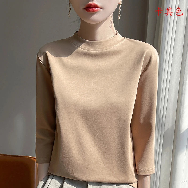 Summer And Autumn New 100% Cotton T-shirt Women's Semi-High-Necked Cropped Sleeves Loose Solid Color Bottoming Top