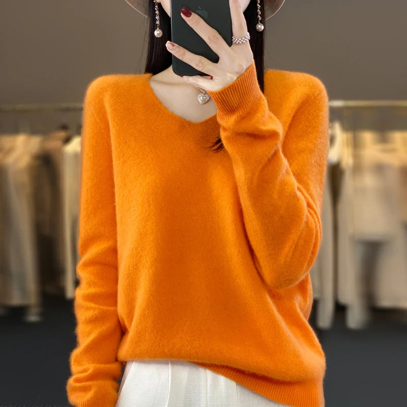 100% Merino puro lã V-neck outono e inverno pulôver, moda coreana nova camisola de caxemira macia, top quente de malha casual feminino