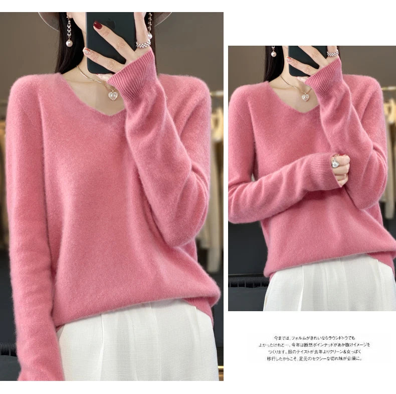 100% Merino puro lã V-neck outono e inverno pulôver, moda coreana nova camisola de caxemira macia, top quente de malha casual feminino