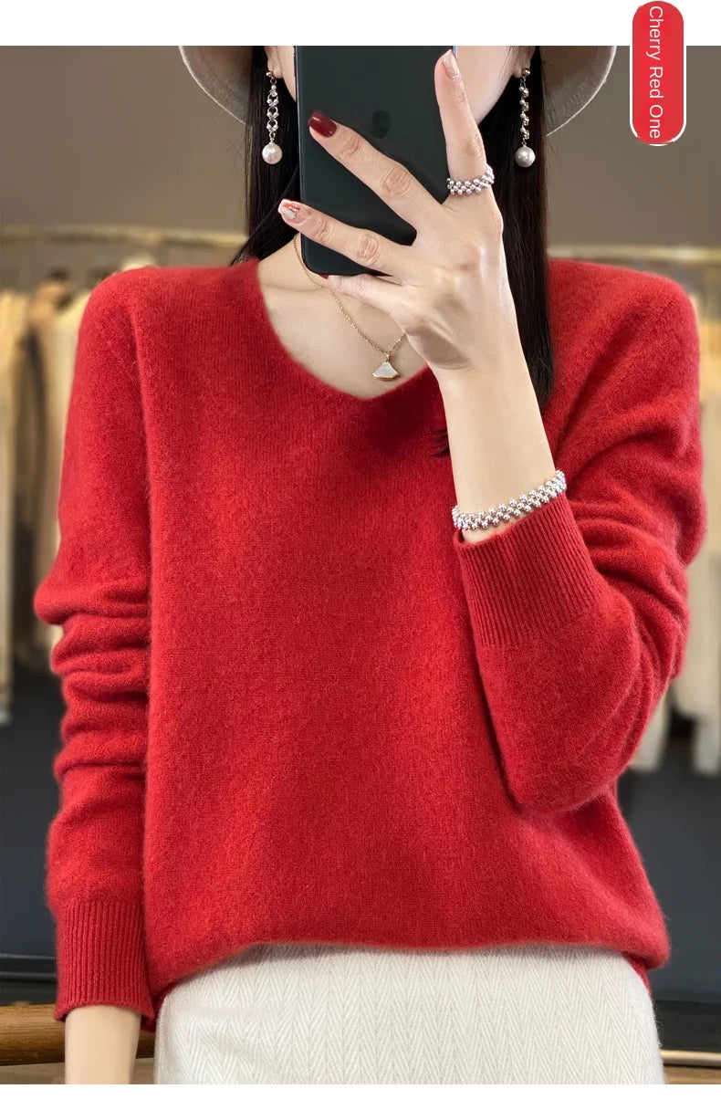 100% Merino puro lã V-neck outono e inverno pulôver, moda coreana nova camisola de caxemira macia, top quente de malha casual feminino