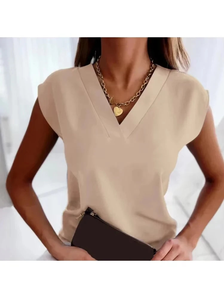 2025 Fashion Summer Casual Women's Shirts Office Lady Tops Elegant Plus Size Blouse Short Sleeve V-Neck Woman Clothes 25684