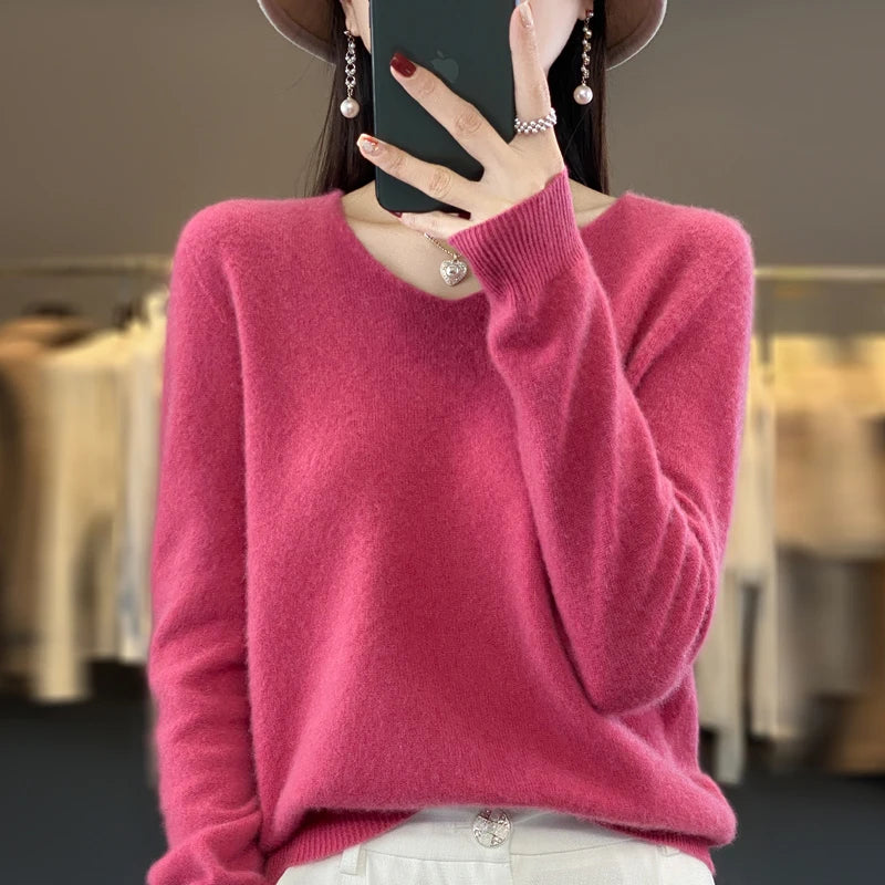 100% Merino puro lã V-neck outono e inverno pulôver, moda coreana nova camisola de caxemira macia, top quente de malha casual feminino