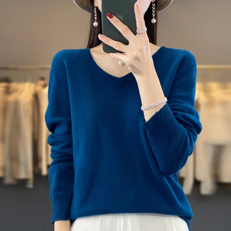 100% Merino puro lã V-neck outono e inverno pulôver, moda coreana nova camisola de caxemira macia, top quente de malha casual feminino