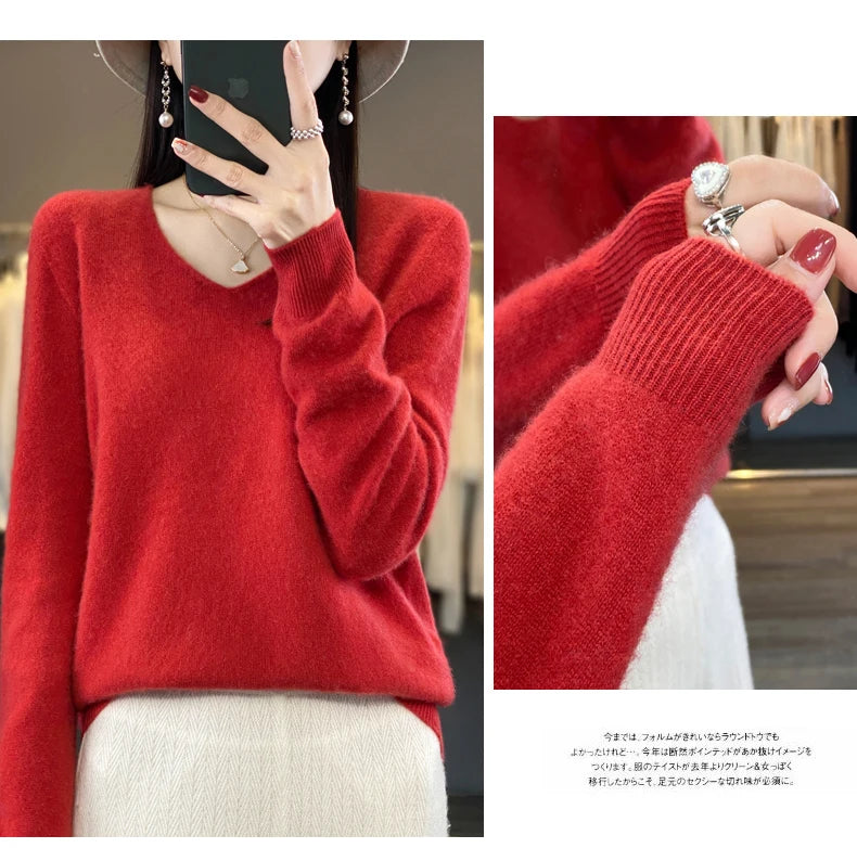 100% Merino puro lã V-neck outono e inverno pulôver, moda coreana nova camisola de caxemira macia, top quente de malha casual feminino
