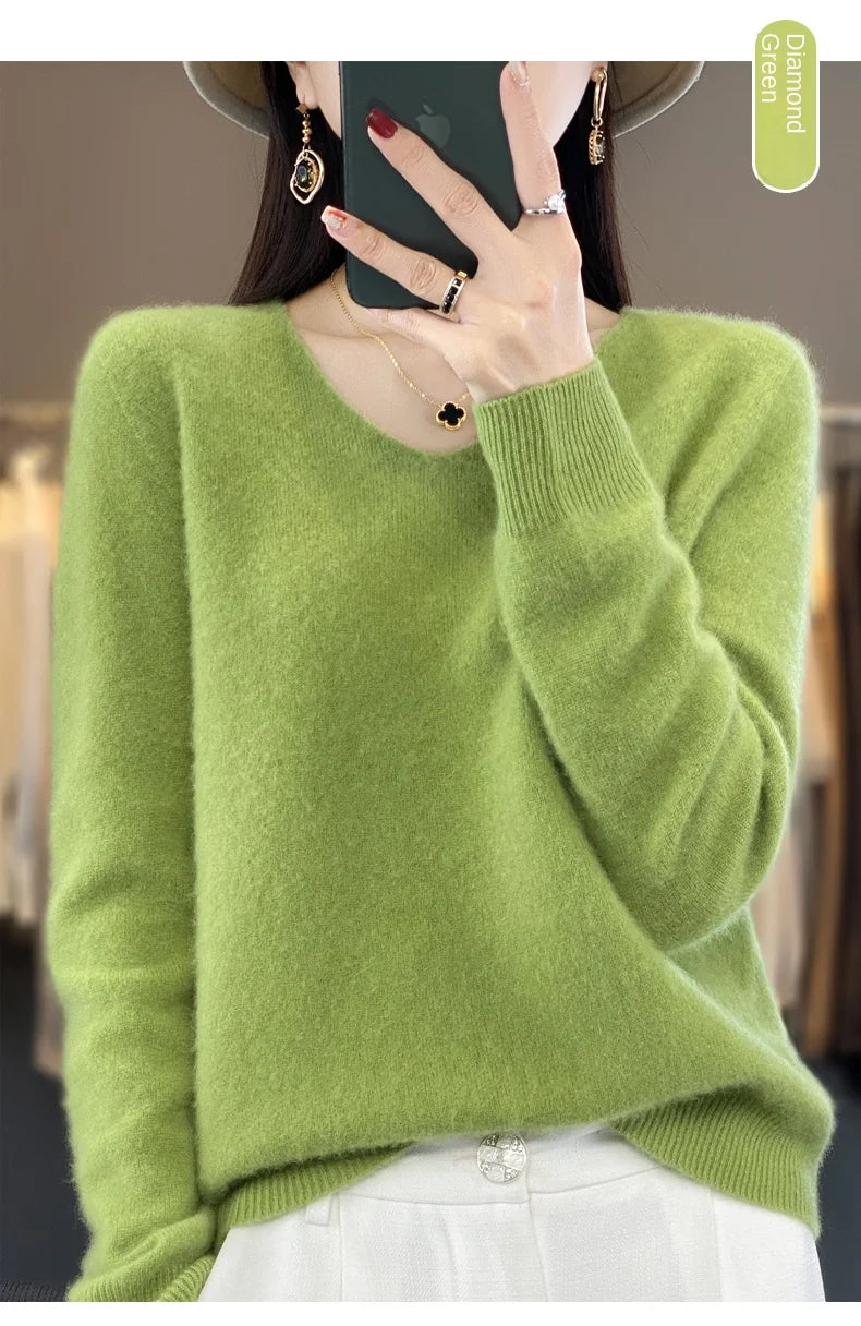 100% Merino puro lã V-neck outono e inverno pulôver, moda coreana nova camisola de caxemira macia, top quente de malha casual feminino