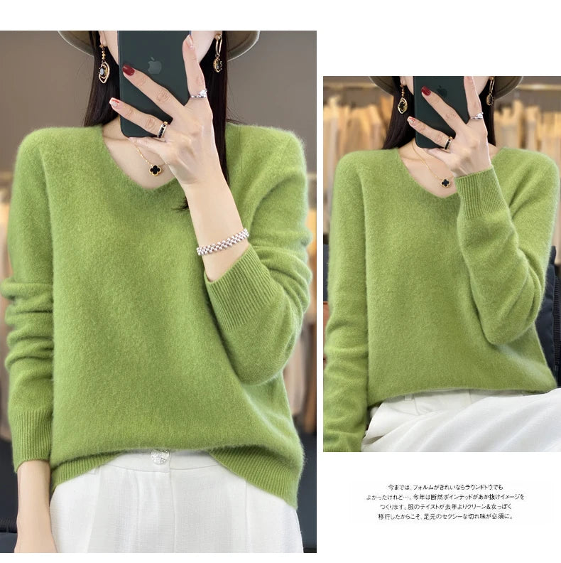100% Merino puro lã V-neck outono e inverno pulôver, moda coreana nova camisola de caxemira macia, top quente de malha casual feminino