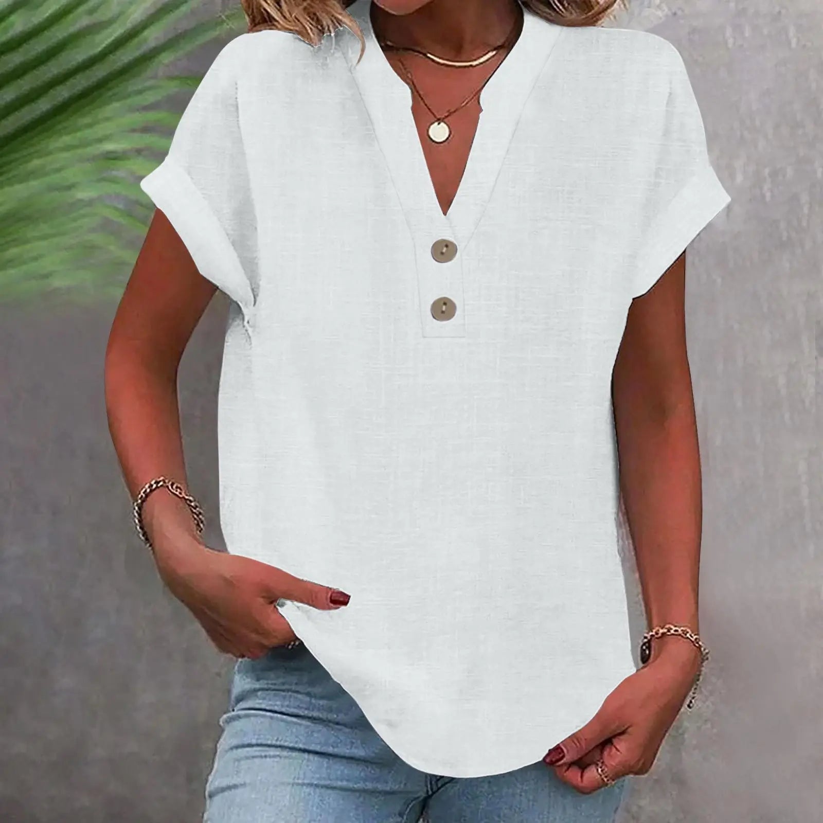 2025 Summer Cotton Linen Breathable Solid Color Button Down V-neck Shirt Basic And Versatile Casual Comfortable Lady Office Tops