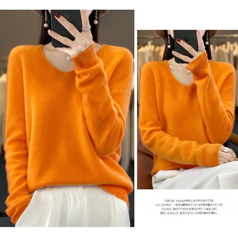 100% Merino puro lã V-neck outono e inverno pulôver, moda coreana nova camisola de caxemira macia, top quente de malha casual feminino