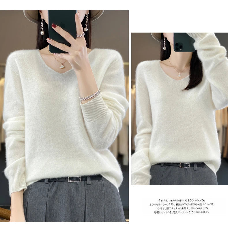 100% Merino puro lã V-neck outono e inverno pulôver, moda coreana nova camisola de caxemira macia, top quente de malha casual feminino