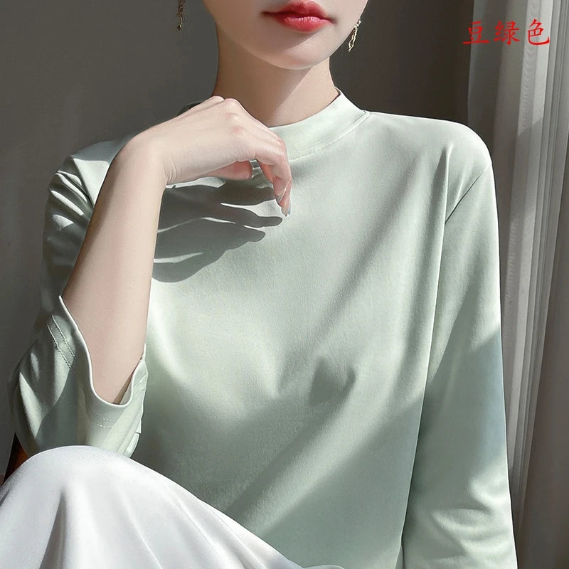 Summer And Autumn New 100% Cotton T-shirt Women's Semi-High-Necked Cropped Sleeves Loose Solid Color Bottoming Top