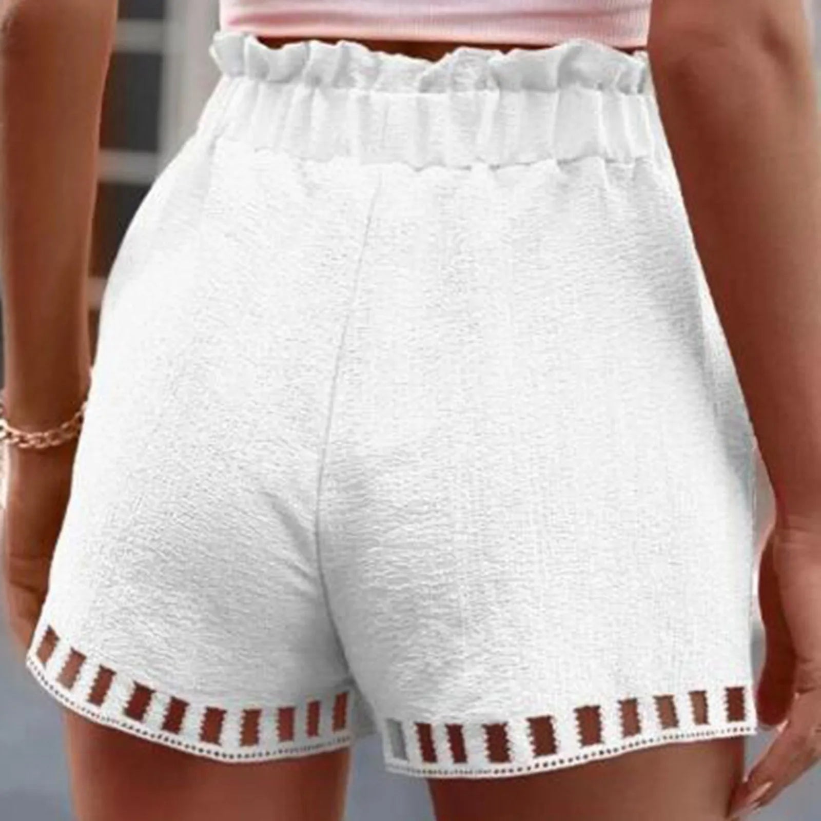 Cotton Linen Shorts Women'S Pants Solid Color Thin Hollow Out Design Trim Pocket Tight Waist Shorts Beachwear White Clothes