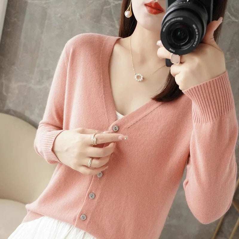 Cardigans femininos primavera outono com decote em v único breasted curto fino senhora malhas topos sólidos moda coreana suéteres